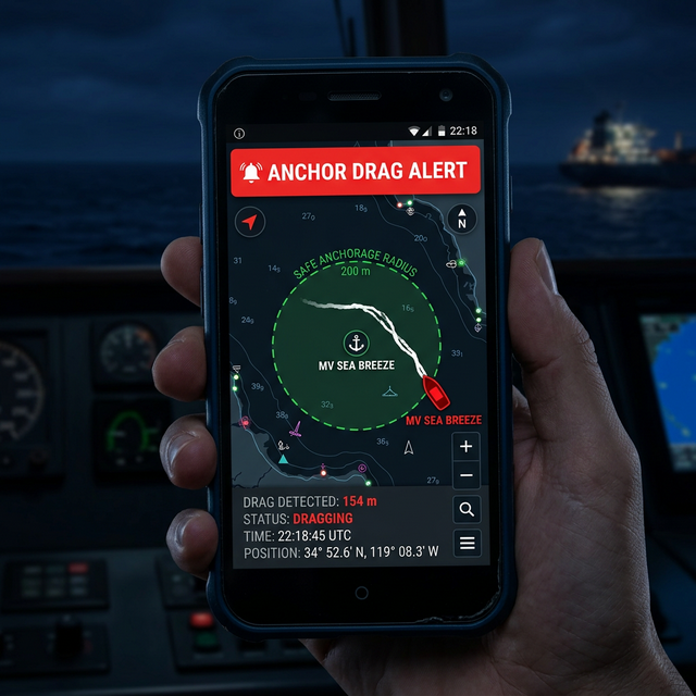 A conceptual rendering of a smartphone screen showing a loud red ANCHOR DRAG ALERT notification mapping a drifting boat