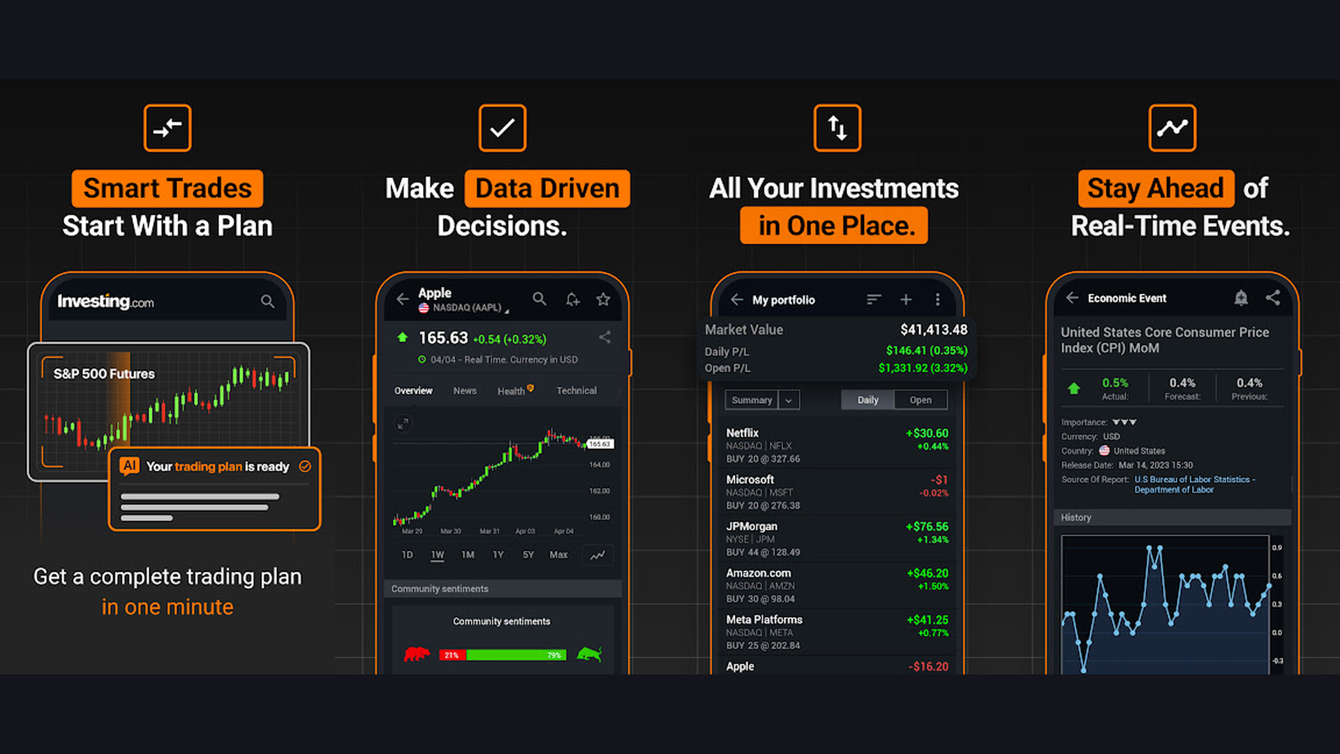 Public stock trading app screenshots