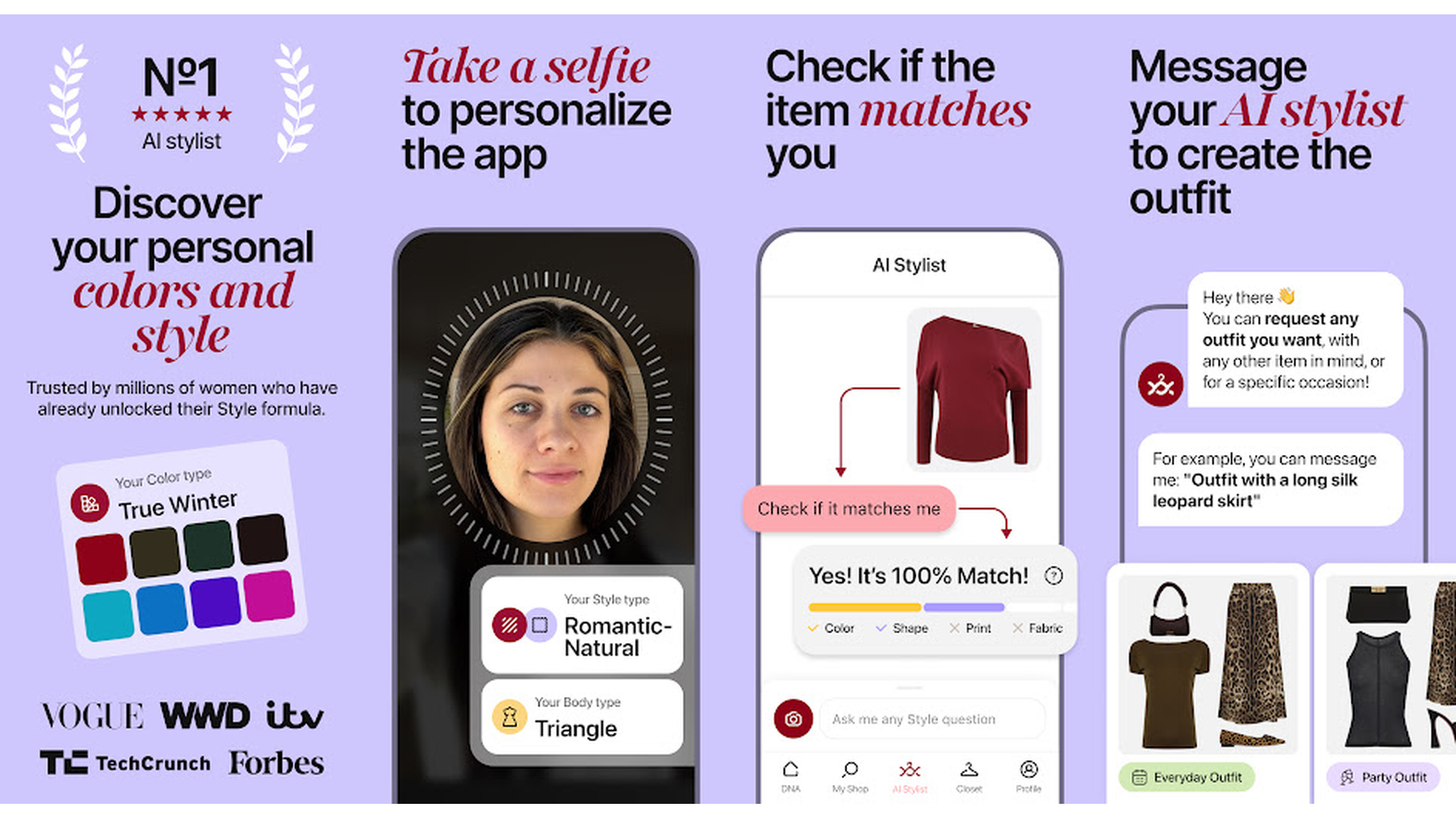 Style DNA Fashion AI Stylist app screenshots showing color analysis and outfit planning