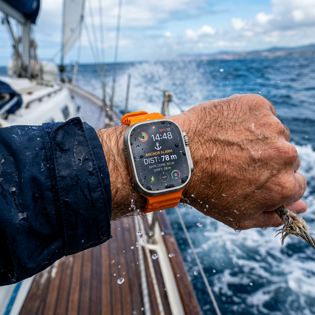 An Apple Watch Ultra strapped to a sailor wrist displaying a marine anchor alarm complication