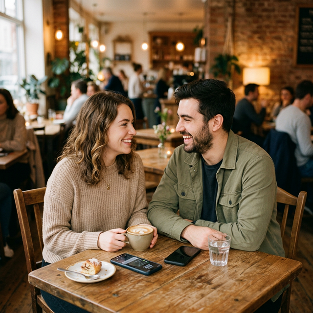 Couple meeting through a dating app at a cafe