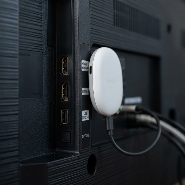 Streaming stick plugged into the HDMI port of a Vizio TV