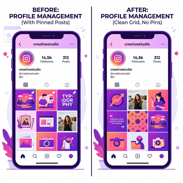 Before and after comparison of Instagram profile with pinned and unpinned posts