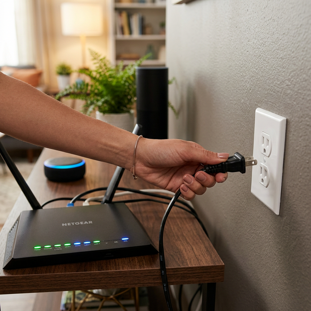 Close up of a person unplugging a modern Wi-Fi router to disrupt smart home camera connectivity