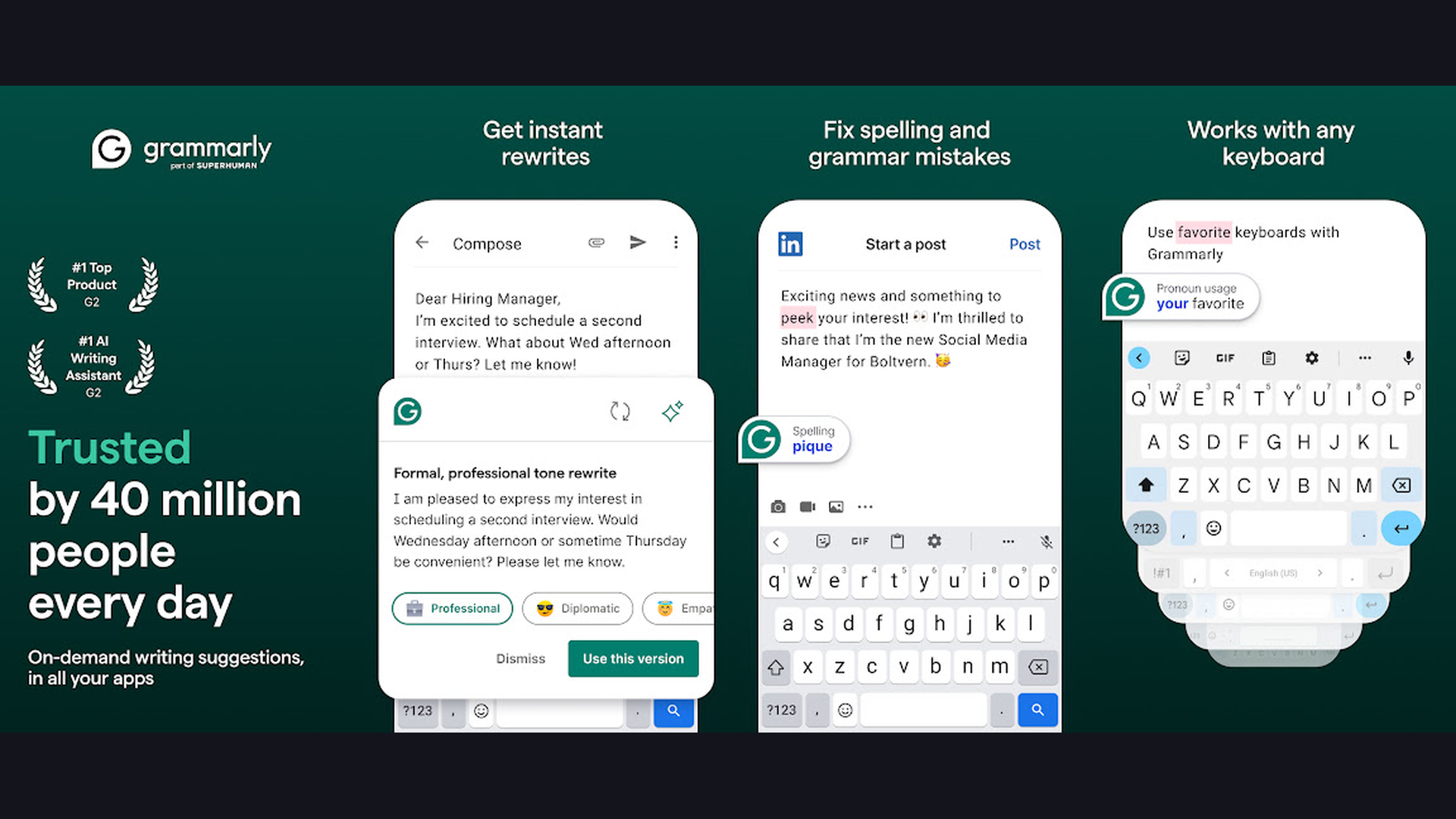 Grammarly iPhone AI chatbot app screenshots