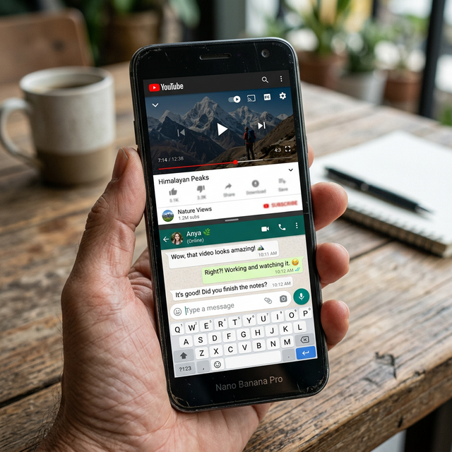 A technical view of an Android 7 smartphone rendering two distinct activity life cycles simultaneously in split-screen