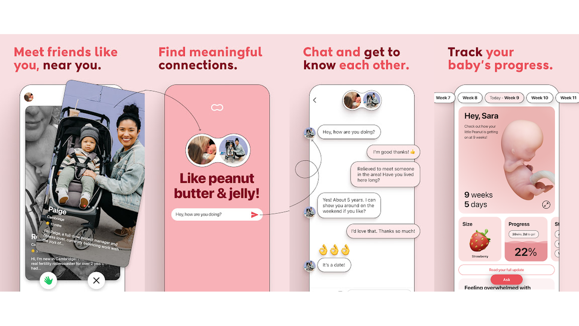 Peanut mom community app screenshots showing social matching and discussions