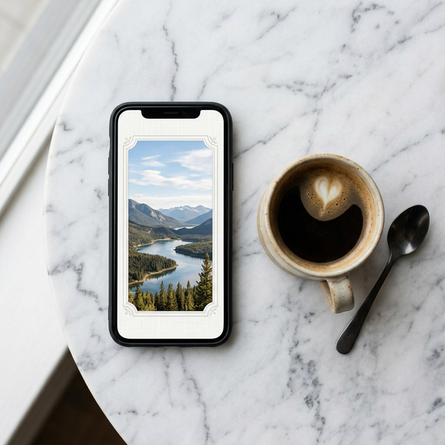 Smartphone showing a photo with decorative white border frame applied