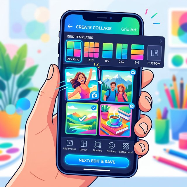 Picsart collage maker showing selection of various 2x2 and 3x3 photo grids