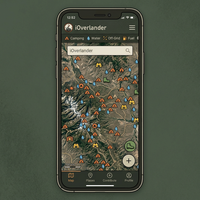 A 16:9 illustration showcasing the detailed, crowdsourced map and camping pins within the iOverlander app