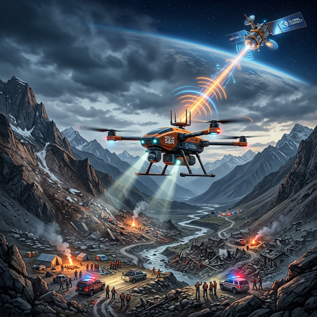 A rescue drone in a mountainous region maintaining a direct link to a low-earth-orbit satellite above