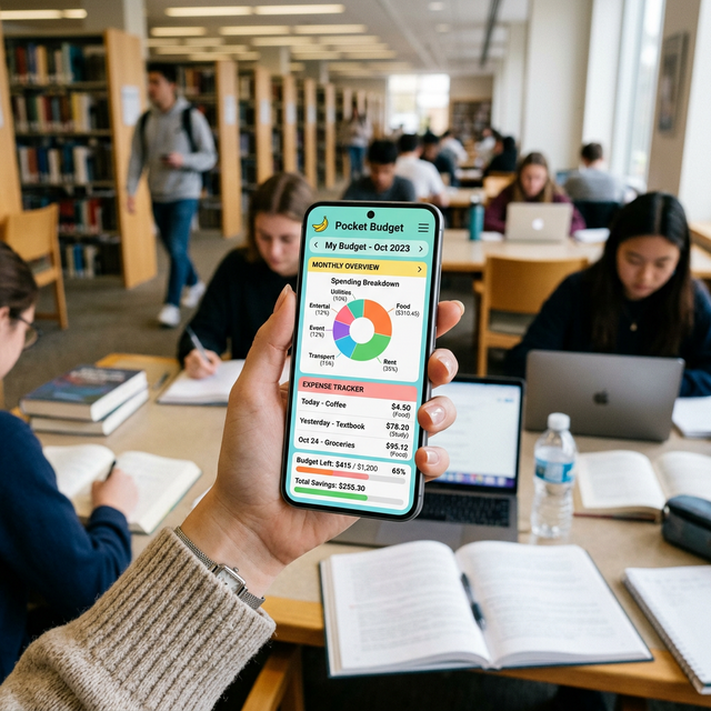 A student tracking their daily expenses using a smart budgeting app on a smartphone