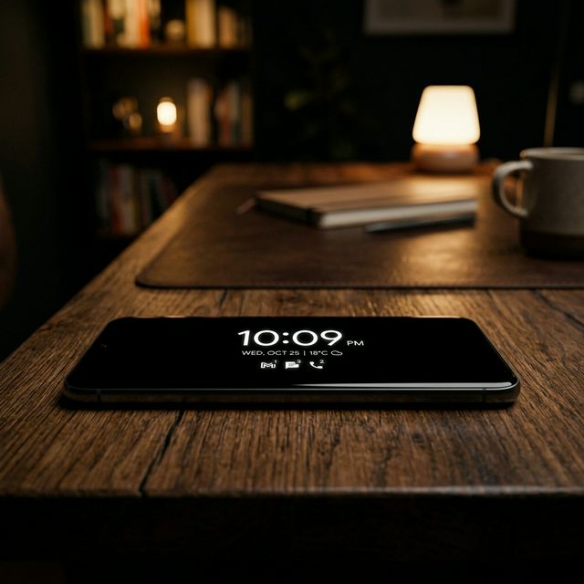 Smartphone resting in a dark room proudly displaying an always-on digital clock interface