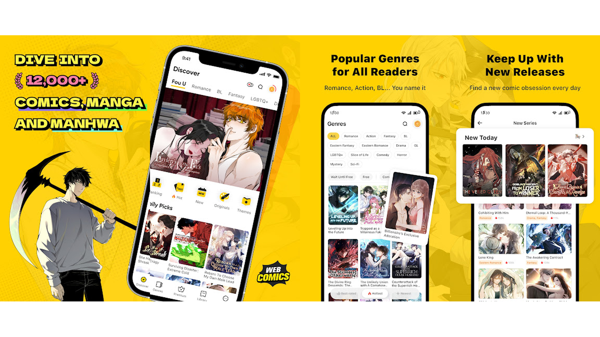 WebComics app screenshots showing webtoon and manga library