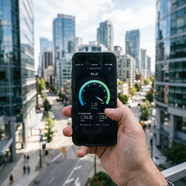 Smartphone showing 5G network speed test with ultra-fast download speeds