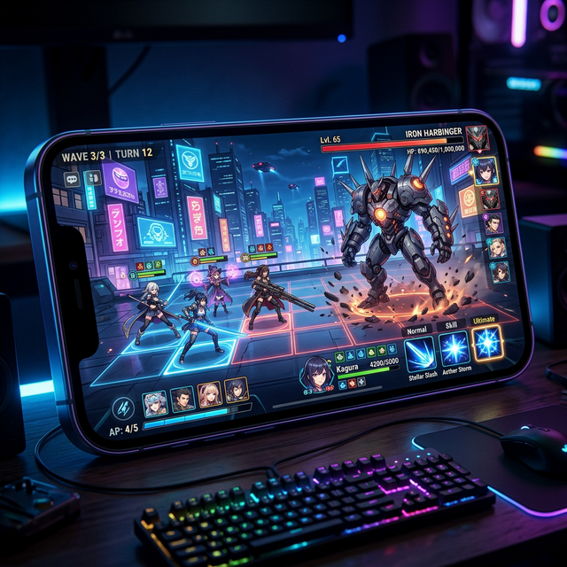 Sci-fi turn-based tactical RPG battle screen similar to Honkai Star Rail