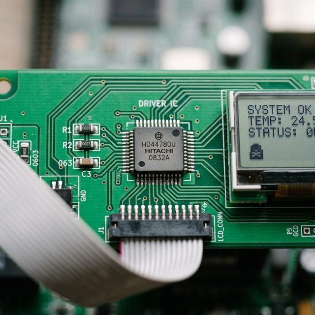 Close-up of an LCD driver IC chip on a PCB connected to a monochrome LCD module