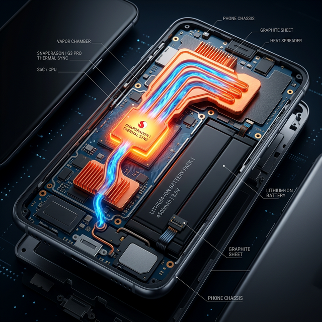 A conceptual 3D illustration of a smartphone internal thermal management vapor chamber cooling a processor and battery