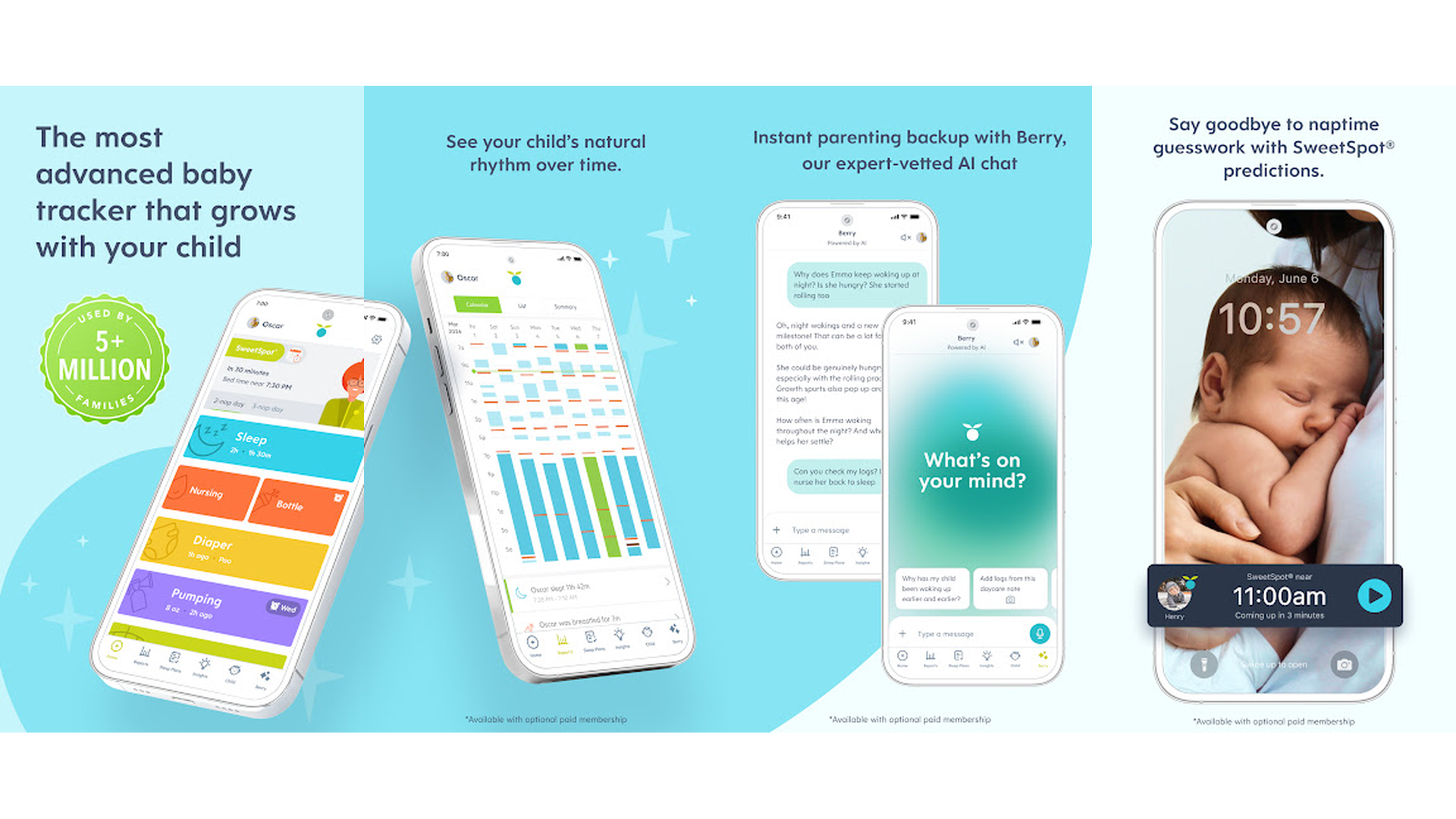 Huckleberry baby sleep tracker app screenshots showing SweetSpot predictions and feeding logs