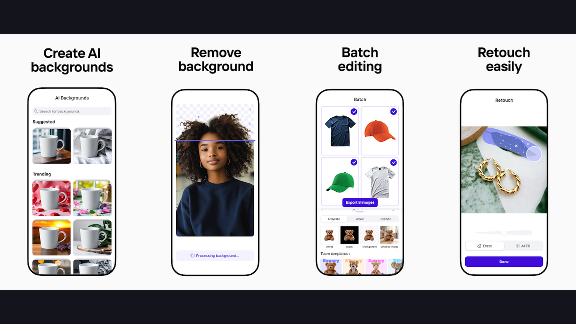 PhotoRoom AI photo editing app screenshots