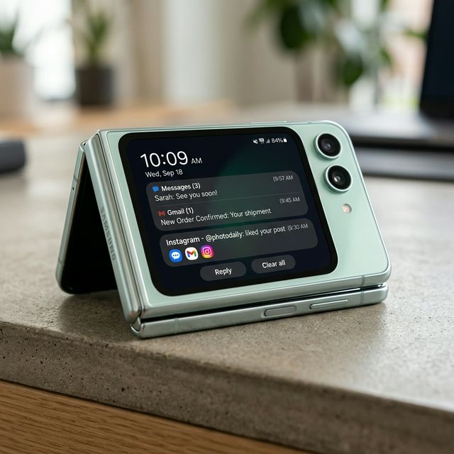 Close up of Samsung Galaxy Z Flip 6 Cover Screen Notifications
