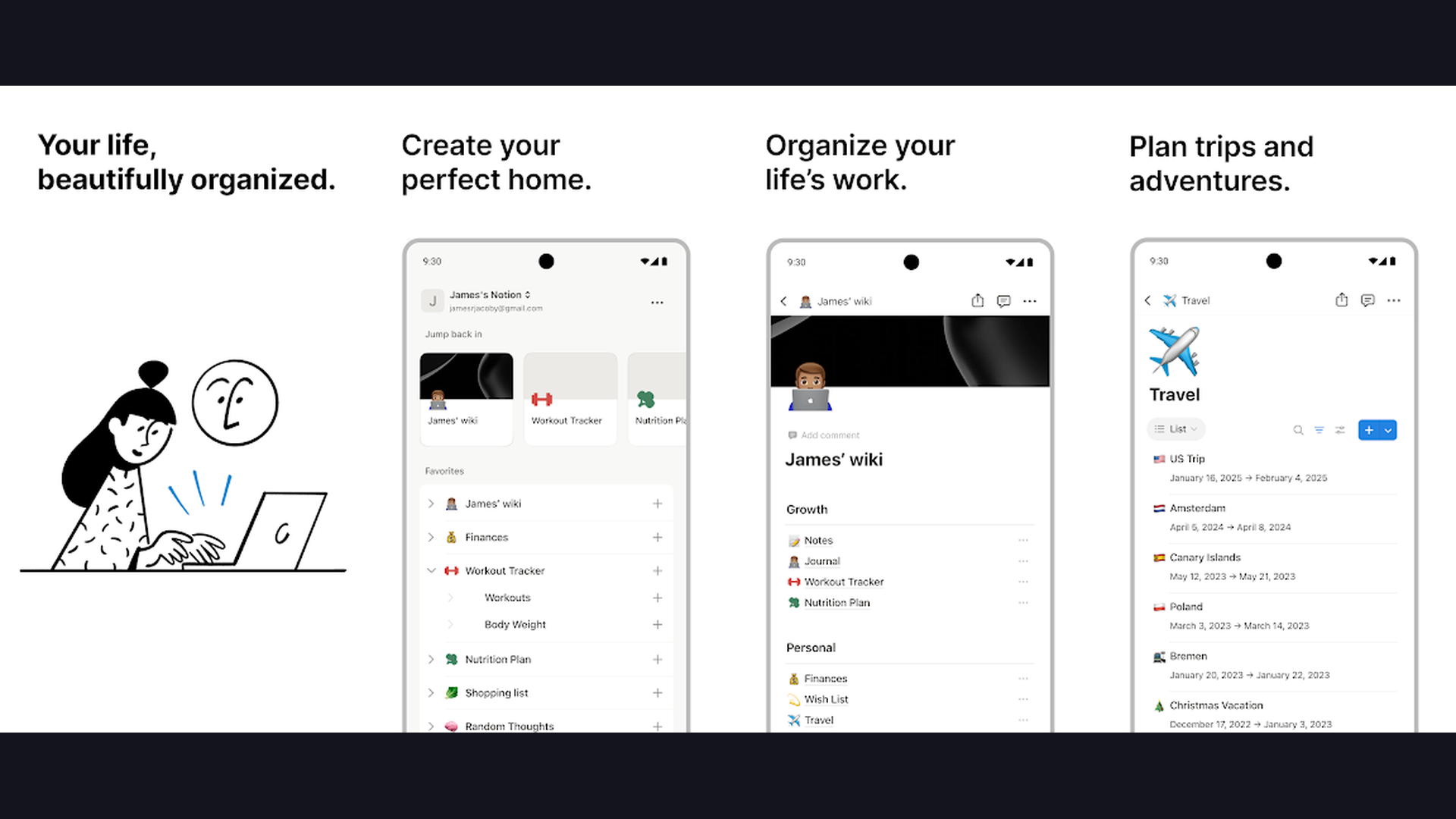 Notion van life content creation app screenshots