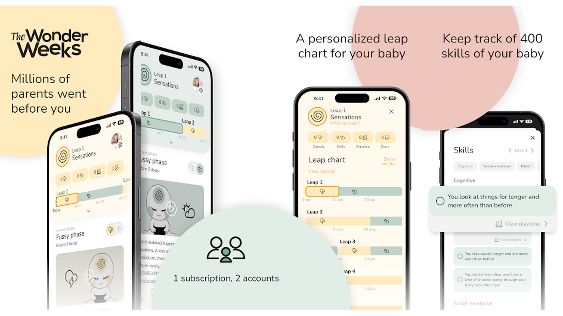 The Wonder Weeks app screenshots showing developmental leap calendar