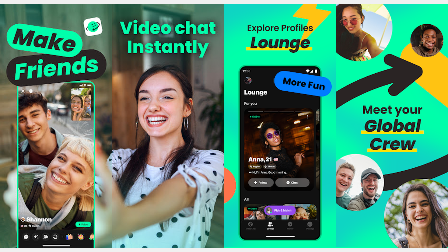 A 16:9 collage showcasing the Azar app's video chat interface and real-time translation tools