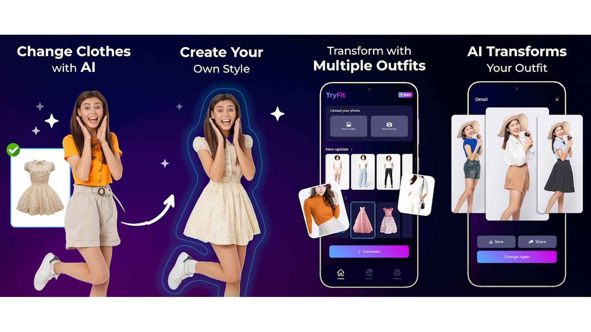 TryFit Virtual Fitting Room app screenshots showing AI clothes try-on