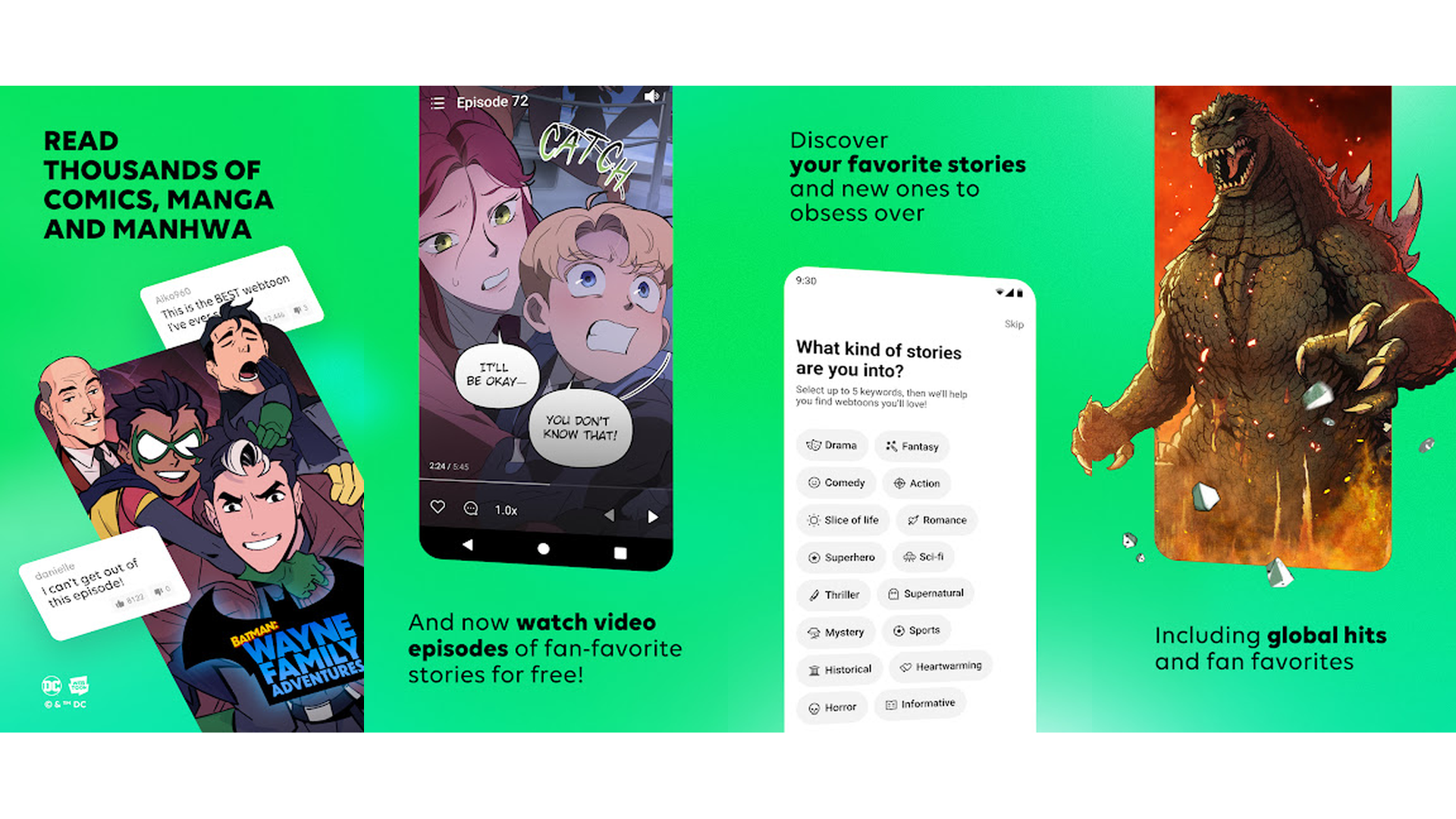 WEBTOON app screenshots showing manga comics and manhwa reading
