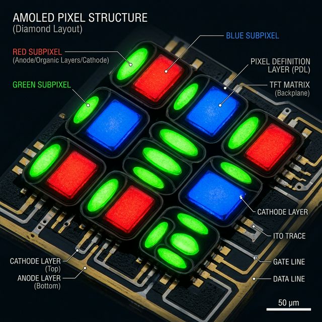 Microscopic macro shot showing individual illuminated RGB organic light-emitting subpixels