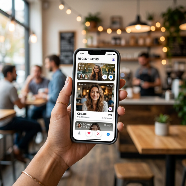 Happn dating app interface showing crossed paths timeline on smartphone