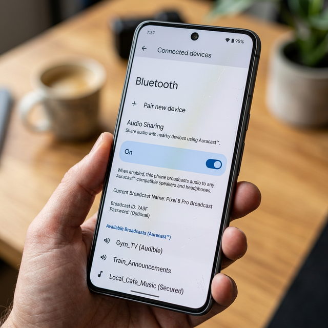 A macro shot of an Android 15 Bluetooth settings menu showing the native Auracast Audio Sharing toggle