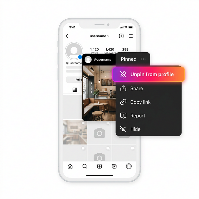 Instagram three-dot menu showing unpin from profile option