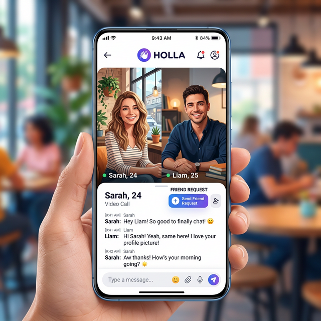A 16:9 collage of HOLLA app screenshots, focusing on its dual video and voice matchmaking layout