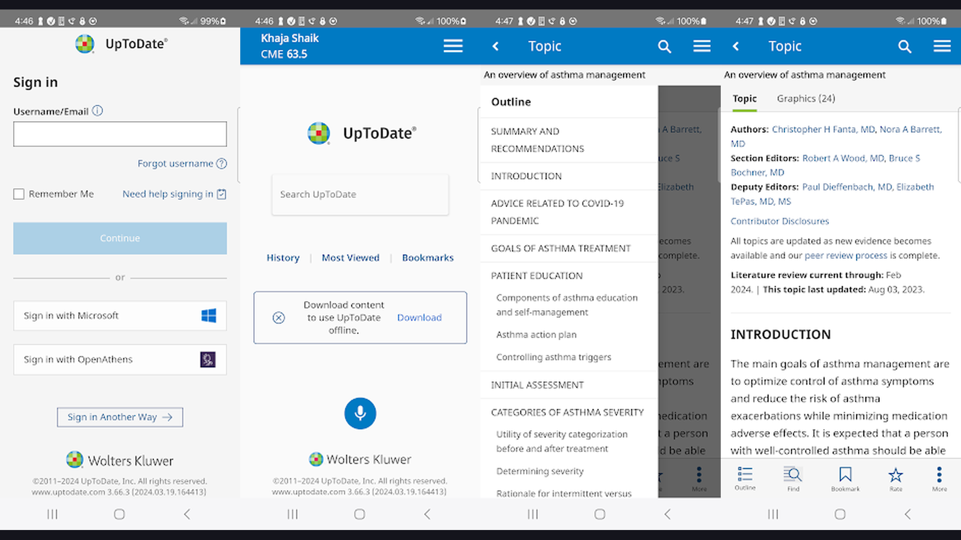 UpToDate clinical reference app screenshots