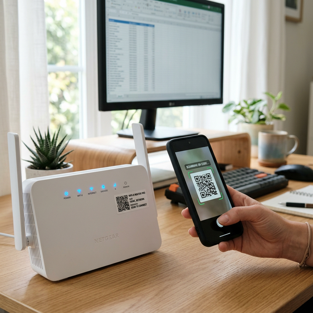 Modern Wi-Fi router with QR code being scanned