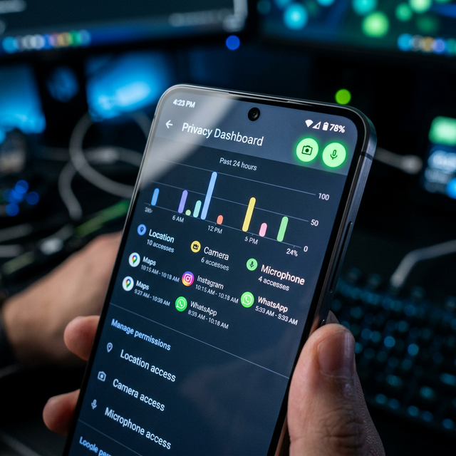 A close-up of a smartphone screen showing the Android 12 Privacy Dashboard with the green camera indicator active