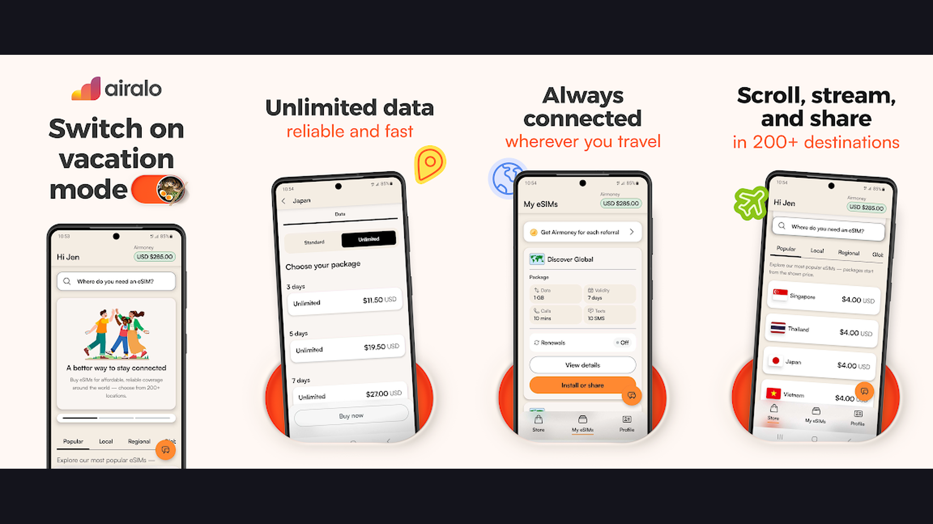 Airalo international travel app screenshots