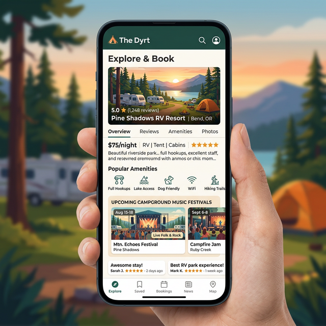A 16:9 illustration of The Dyrt app interface, highlighting campsite reviews and seasonal festival locations