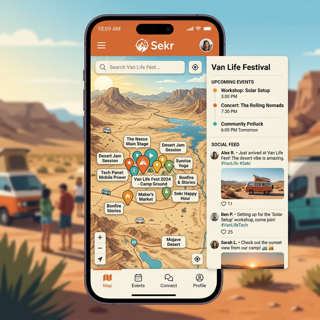 A 16:9 illustration displaying the community mapping and event discovery features of the Sekr mobile app
