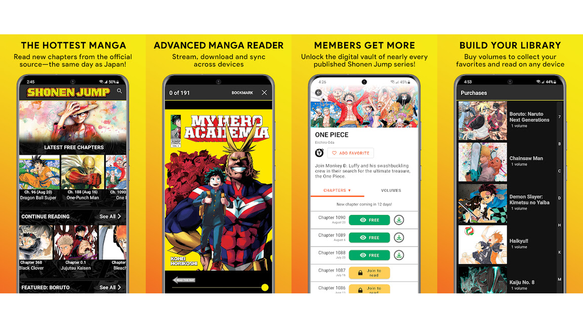 Shonen Jump manga app screenshots showing popular series