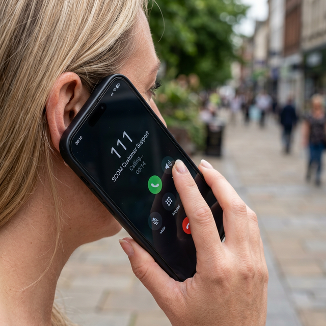 A user calling the SCOM 111 customer support helpline to retrieve their mobile number