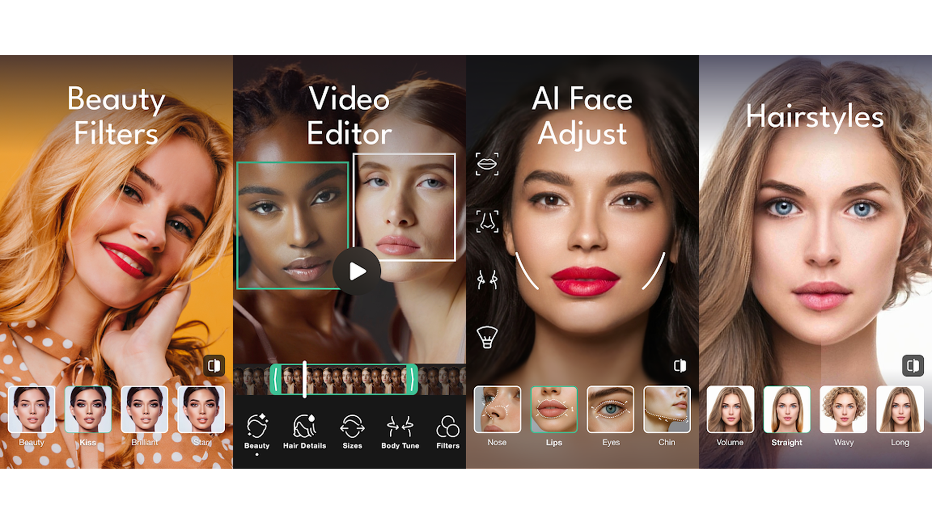 Persona AI Beauty Editor app screenshots showing virtual try-on and styling features