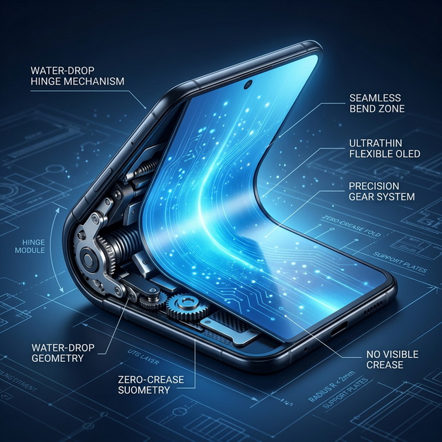 Close up illustration of a water-drop hinge mechanism perfectly folding a zero-crease OLED screen