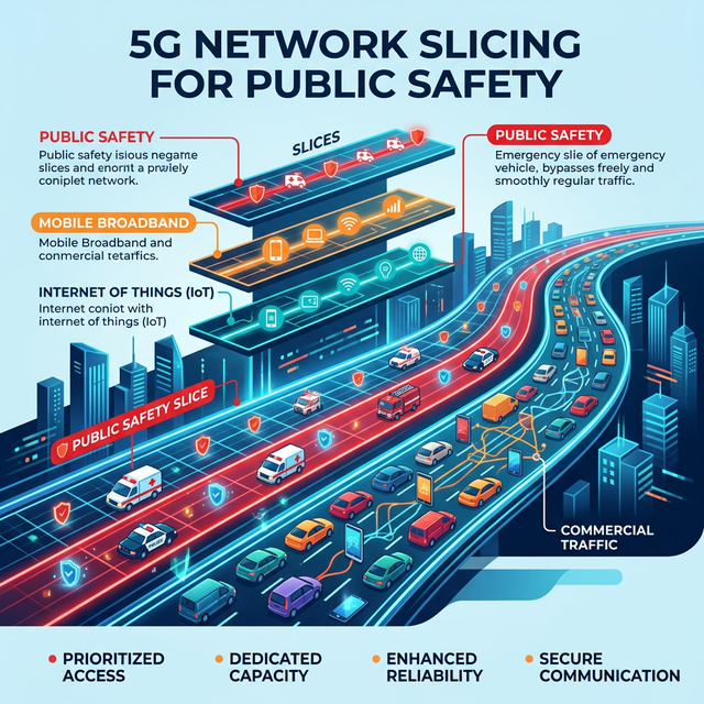 Infographic showing a red priority lane for emergency data bypassing commercial network traffic congestion via 5G network slicing