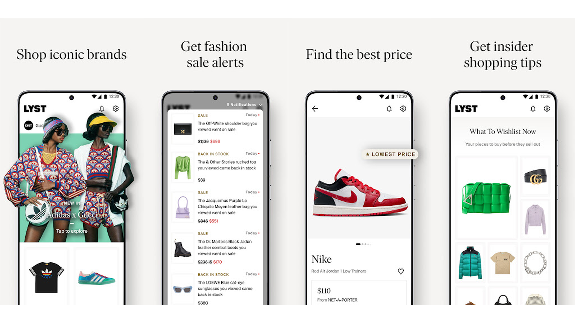 Lyst Shop Fashion Brands app screenshots showing fashion discovery