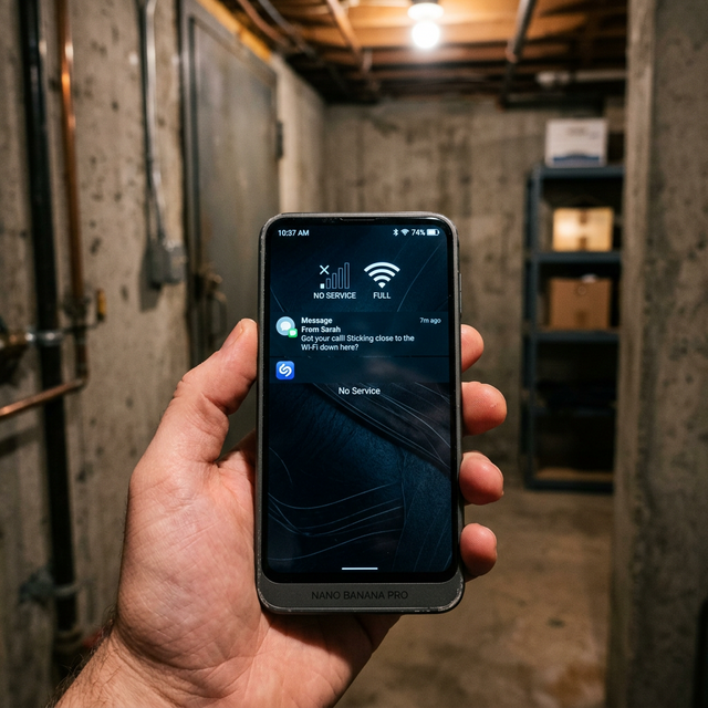 A smartphone screen showing zero cellular reception bars next to a maxed-out Wi-Fi signal in a concrete basement