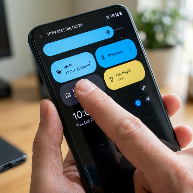 A user swiping down the notification shade to reveal the massive pill-shaped Quick Settings tiles introduced in Android 12