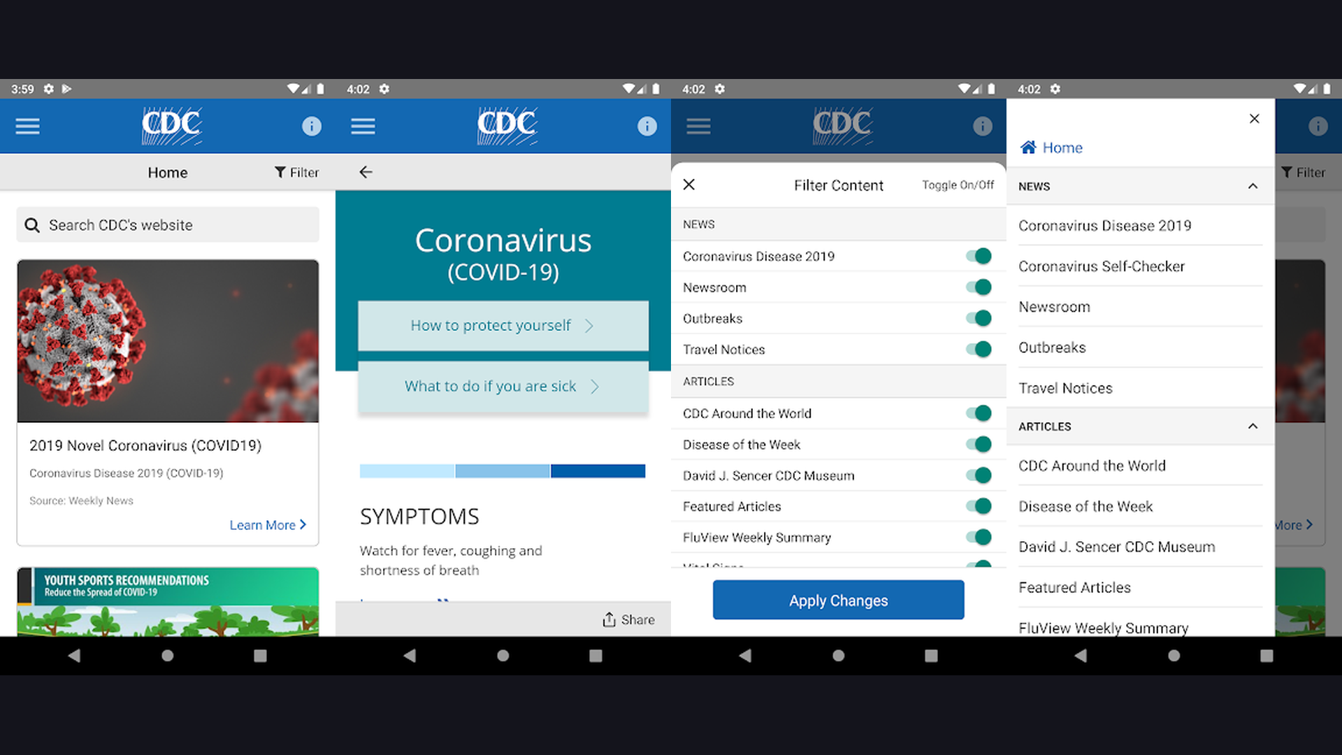 CDC Mobile health app screenshots